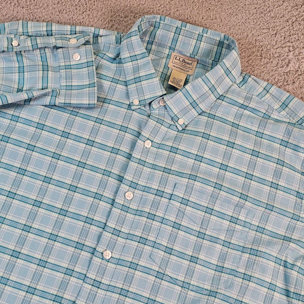 L.L.Bean Shirt Mens XLT Blue Plaid Long Sleeve Button Down Stretch Casual